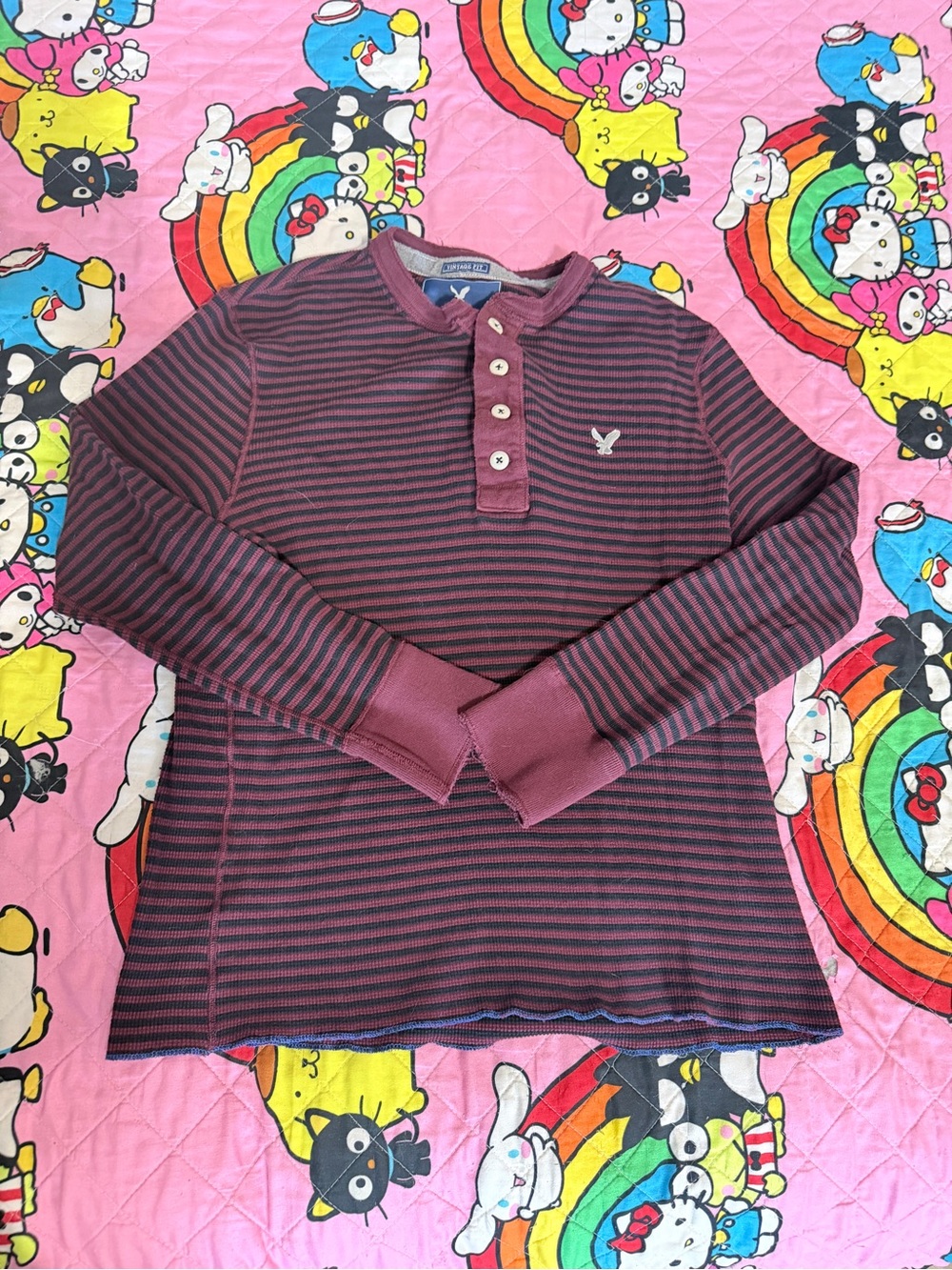 American Eagle Outfitters Maroon & Navy Striped Henley Sweatshirt